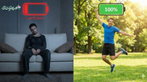 مقایسه سطح انرژی بدن سالم و بدن مبتلا به خستگی مزمن با نماد باتری.